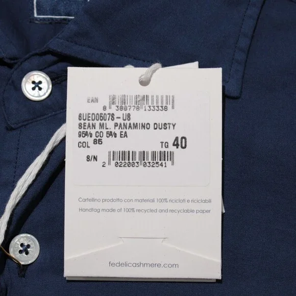 Fedeli NWT Dress Shirt Size 40 15.75 in Solid Navy Blue Cotton Blend